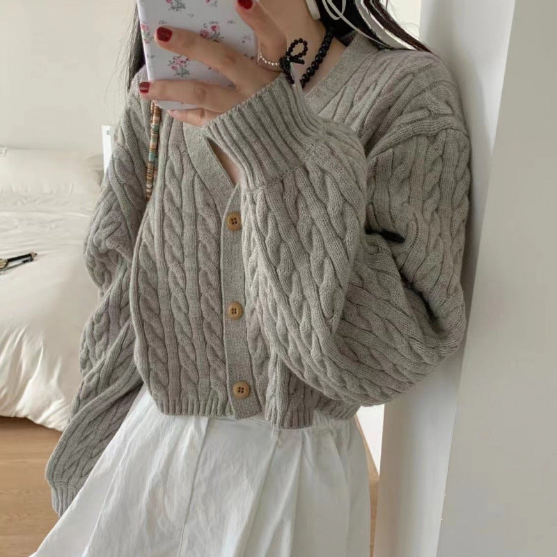 Twist Outer Wear V-neck Sweater Needle Woven Women's Cardigan