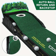 Professional Golf Putting Mat Set with Automatic Ball Return – 3 ft, 5 ft, and 7 ft Green Turf Tracks with Ball Collector for Indoor and Outdoor Practice