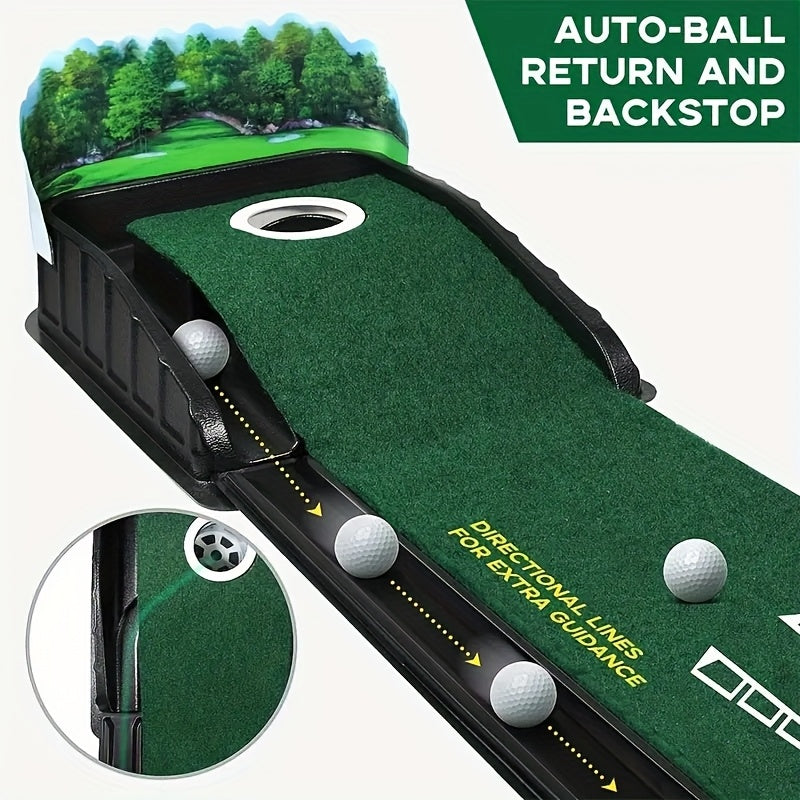 Professional Golf Putting Mat Set with Automatic Ball Return – 3 ft, 5 ft, and 7 ft Green Turf Tracks with Ball Collector for Indoor and Outdoor Practice