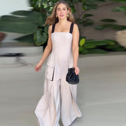 Contrast Casual Style Square Collar Sling Wide Leg Jumpsuit