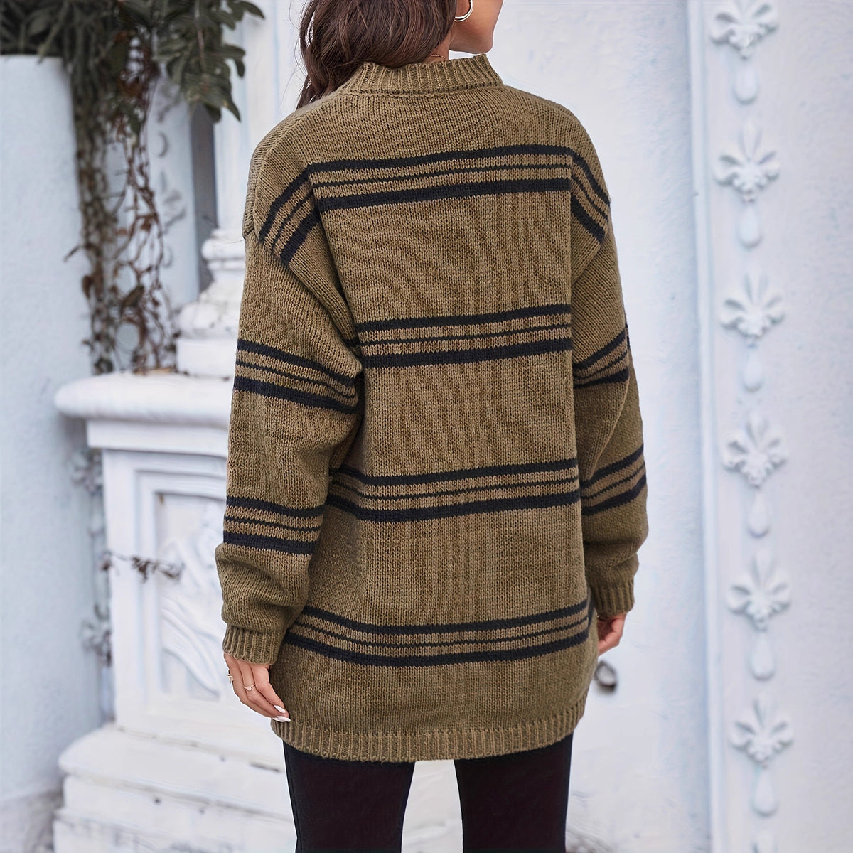 Womens Pocketed Contrast-stripe Knitted Pullover