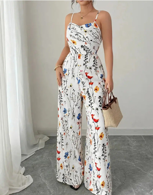 Floral Print Strappy Slimming Jumpsuit