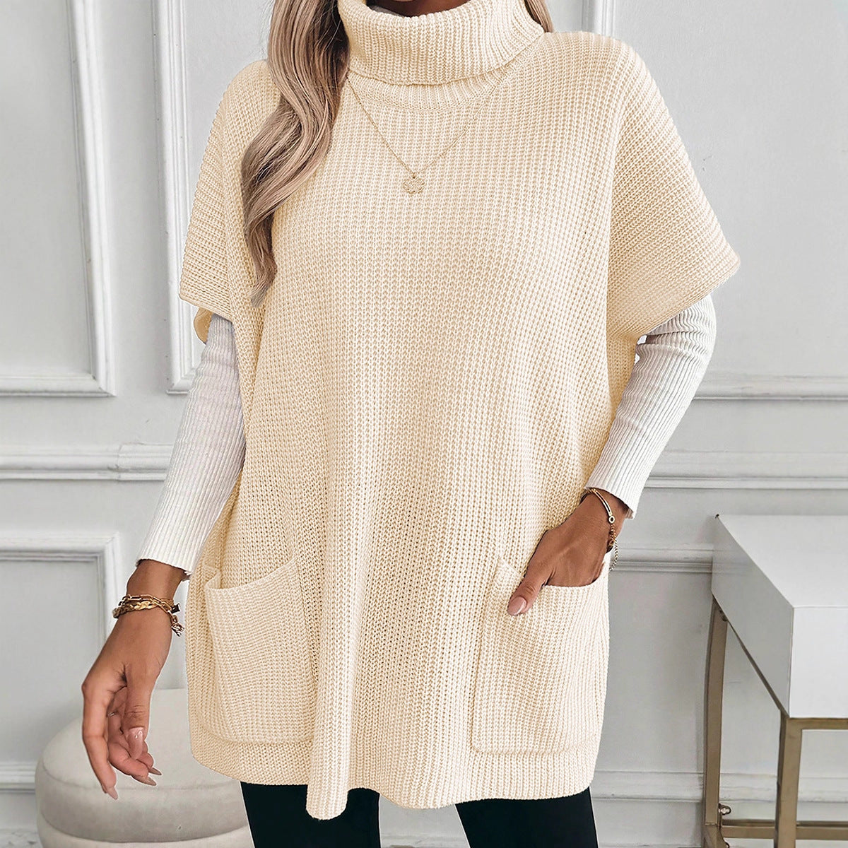 Solid Color Women's Long Sleeveless High-neck Sweater
