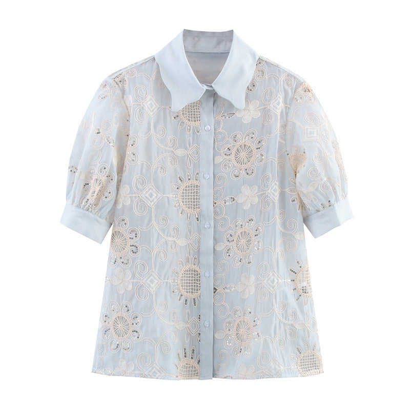 Sequin Embroidered Ethnic Print Long-Sleeve Shirt