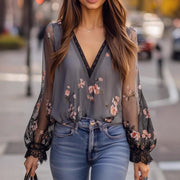Sexy Printed Sheer Personalized Elegant Top Shirt Long Sleeves