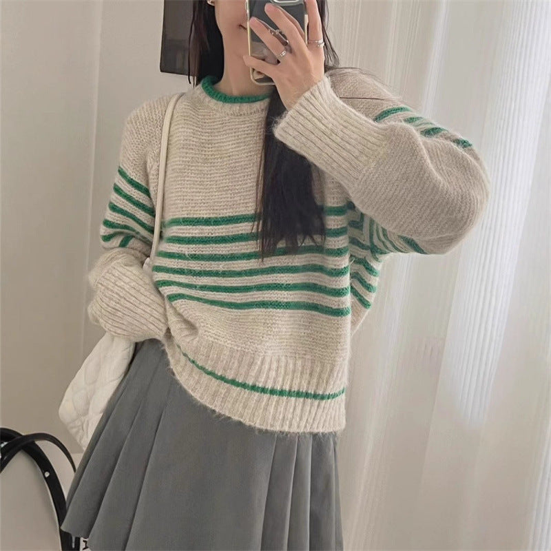 Autumn and Winter Korean Retro Contrast Color Stripes Idle Style Crew Neck Pullover Sweater