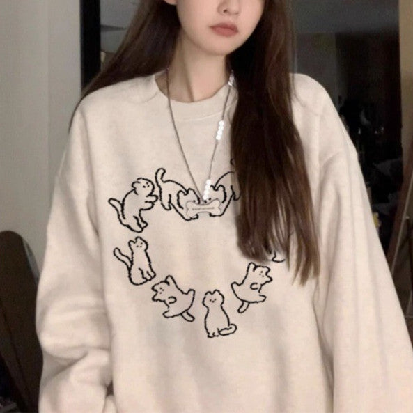 Cute Cat Print Casual Crew Neck Sweatshirt