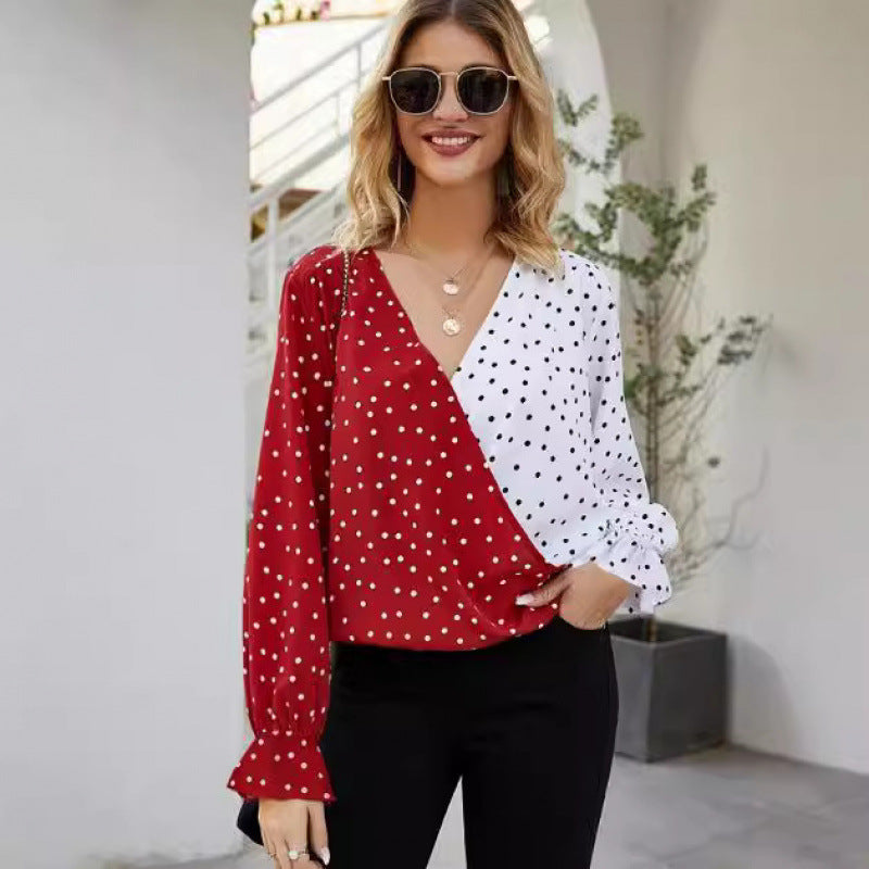 Women's Shirt Autumn Polka Dot Color Matching Printed Long Sleeve Shirt