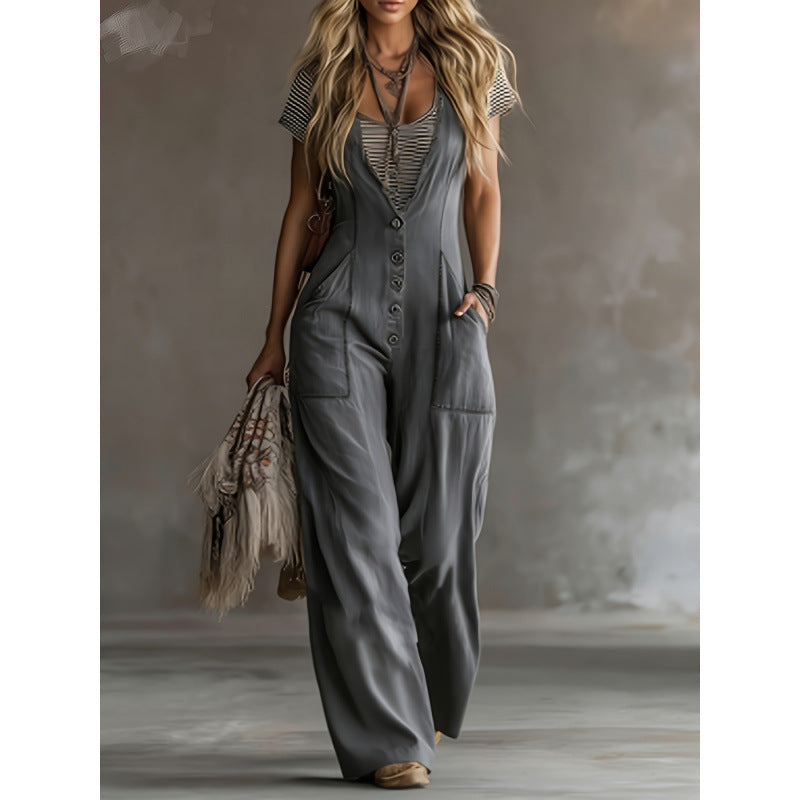 Women's Casual Minimalist Sleeveless Wide-Leg Jumpsuit with Pockets