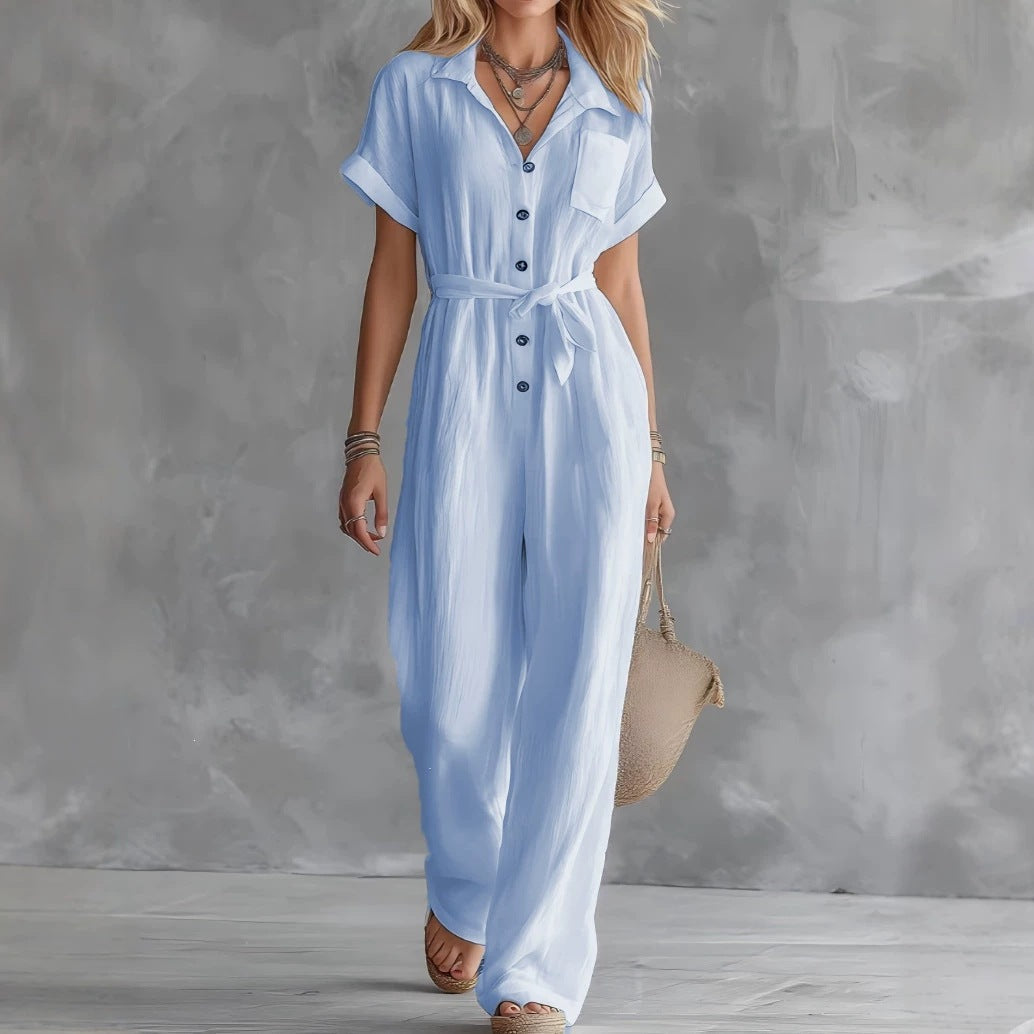 Womens Casual V-Neck Lace-Up Jumpsuit With Pockets
