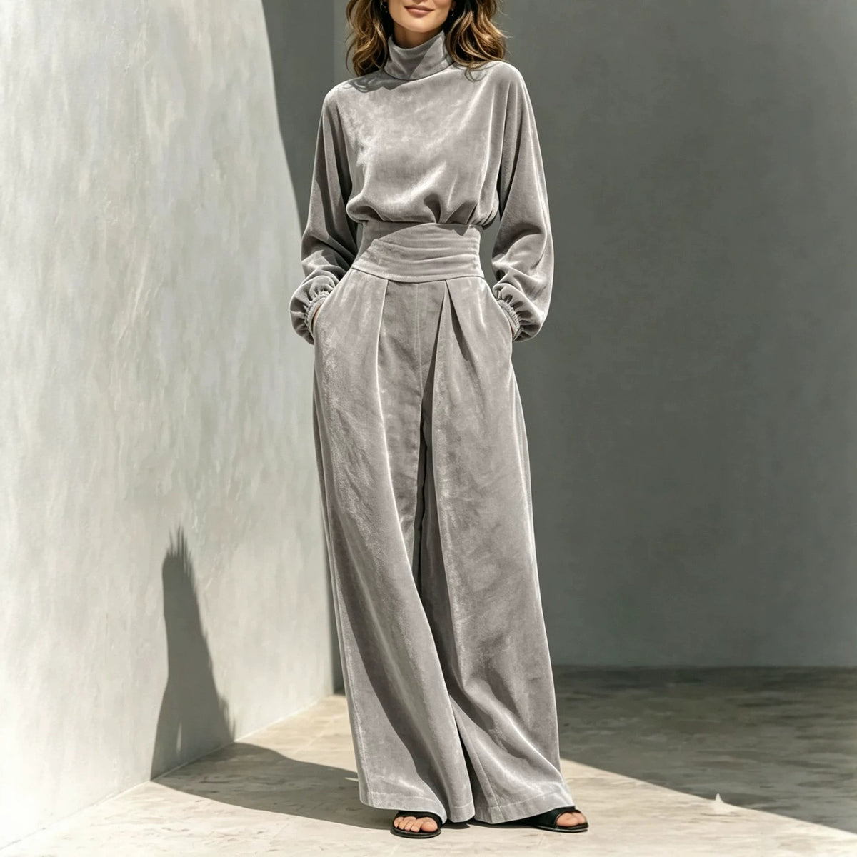 Velvet Turtleneck Belted Wide-Leg Jumpsuit