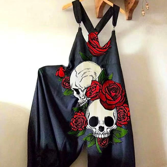 Womens Floral-Print Loose Casual Suspender Jumpsuit With Buckles