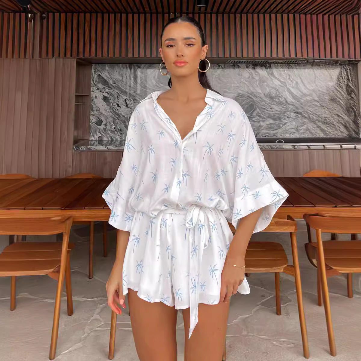 Floral Print Lace-Up Waist Romper Shorts
