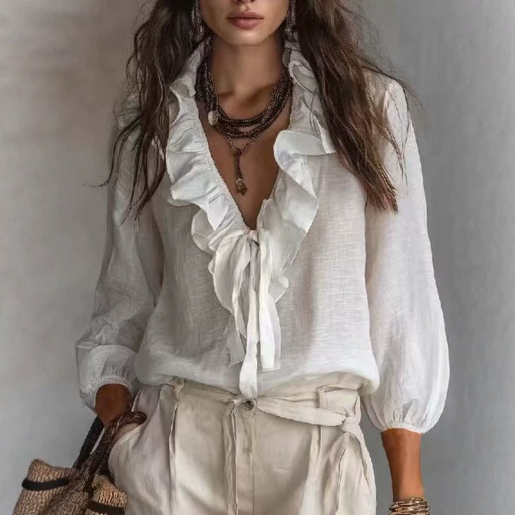 Ruffle-trimmed V-neck Loose-fit Top Lace-up Blouse