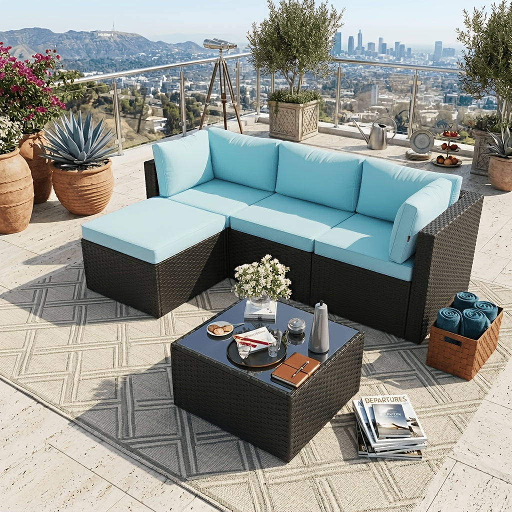 Discount! 5pcs L-Shaped Rattan Patio Sofa Set with Cushions, Glass Coffee Table And Ottoman, Perfect for Patio, Backyard, Garden, Balcony, Terrace, Poolside, Porch, Villa Outdoor Areas, Homestays, And Restaurant Outdoor Lounges