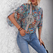 Elegant Paisley V‑Neck Loose‑Fit Long‑Sleeve Blouse – Soft Polyester