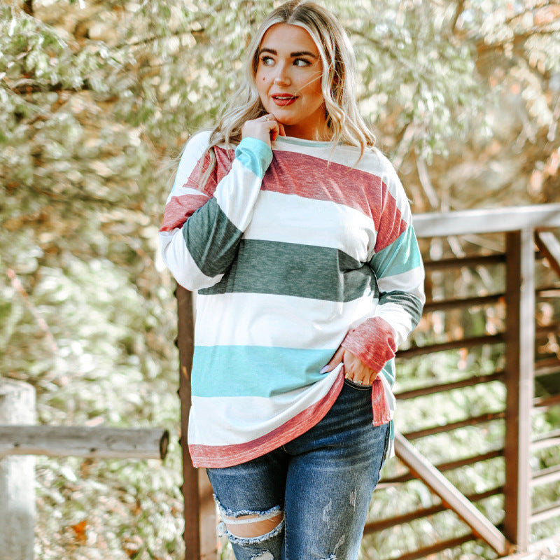 Plus Size Green Color Block Loose Long Sleeve Top