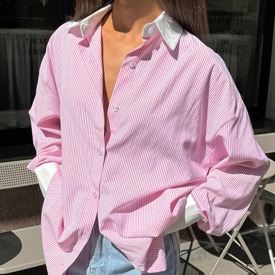 Elegant Patchwork Striped Blouse – Loose Fit Mid‑Length Long‑Sleeve Top