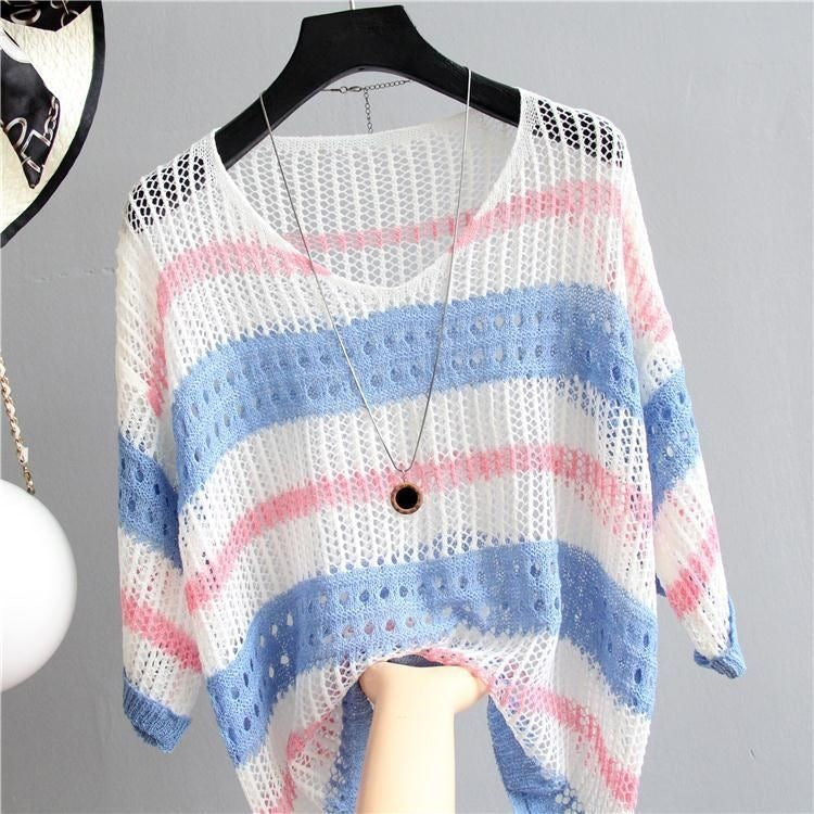 Loose Fit Vintage Knit Sweater – Sun‑Protective, Color‑Block Long Sleeve