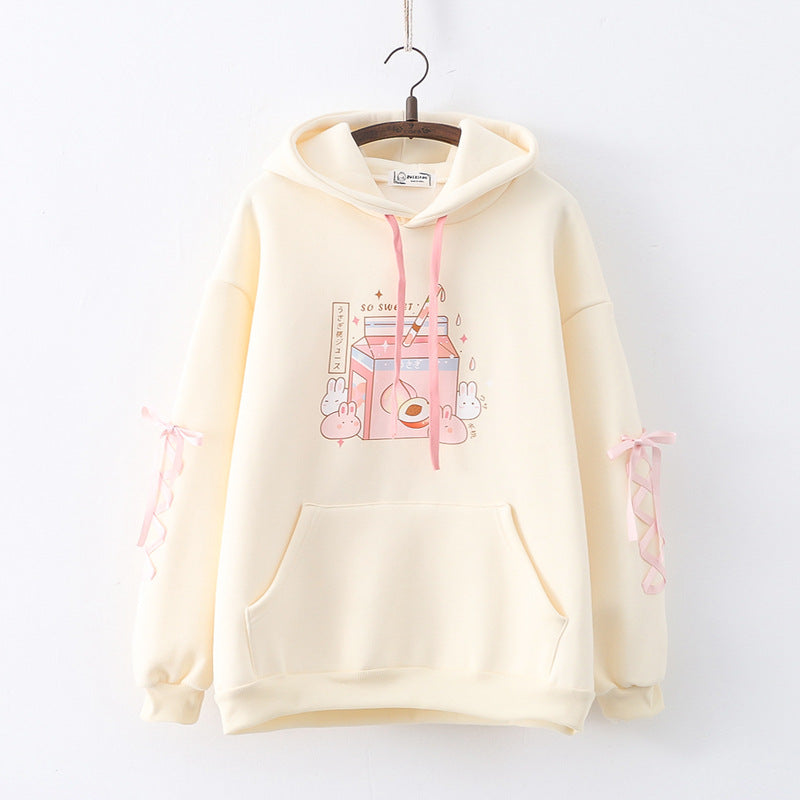 Cute Peach Bunny Fleece Pullover Hoodie