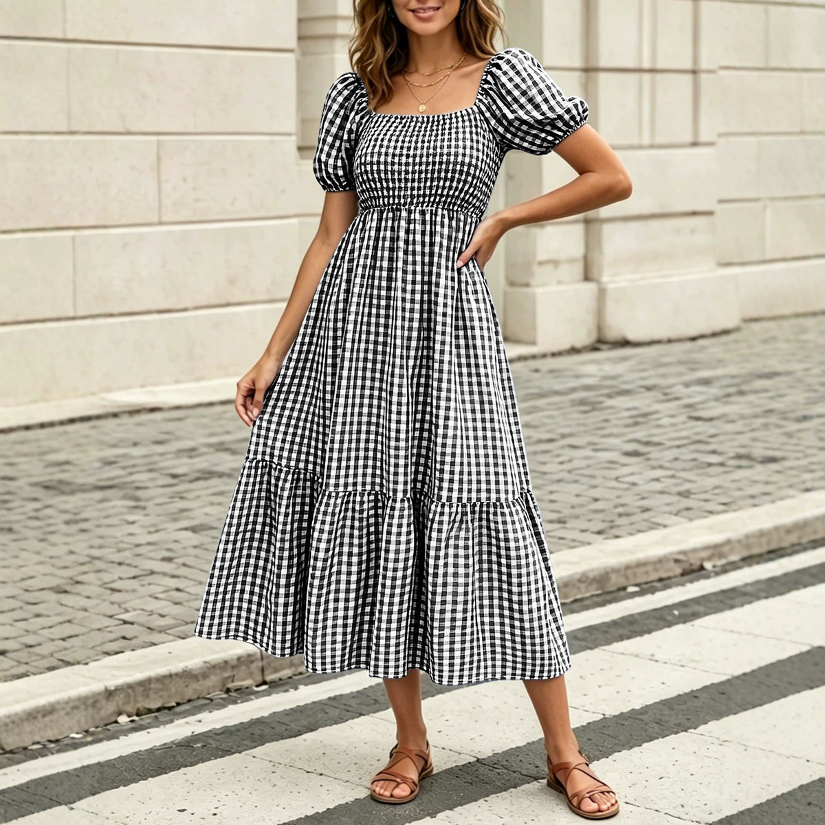 Retro Puff Sleeve Vichy Check Tiered Midi Dress