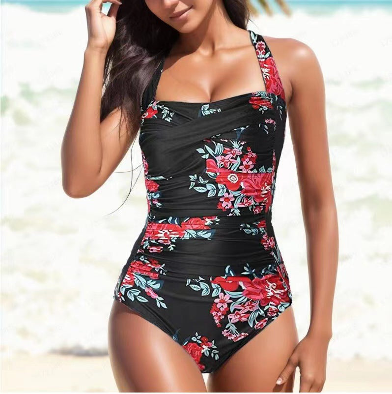 Retro Floral Backless Pleated One-Piece Swimsuit