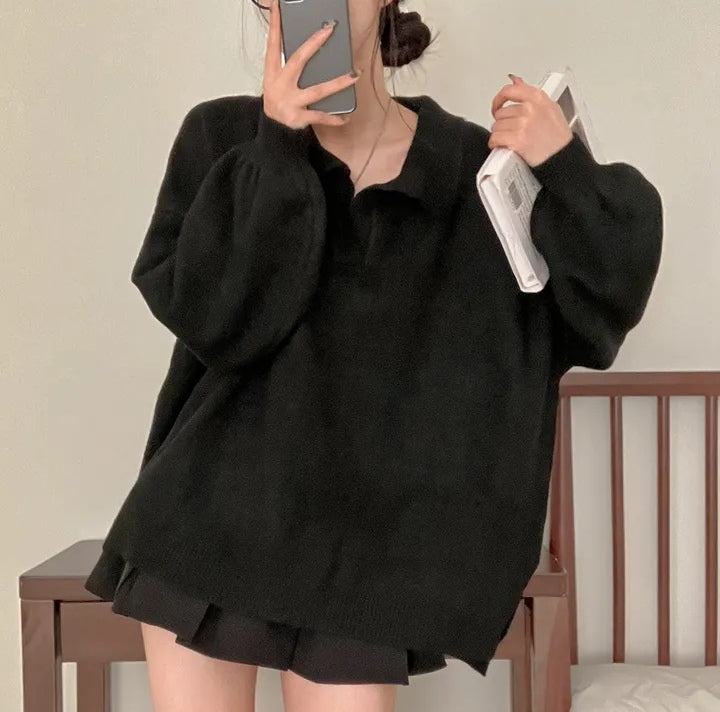 Womens Polo-neck Sweater Loose-fit Warm Mid-length Knitted Top