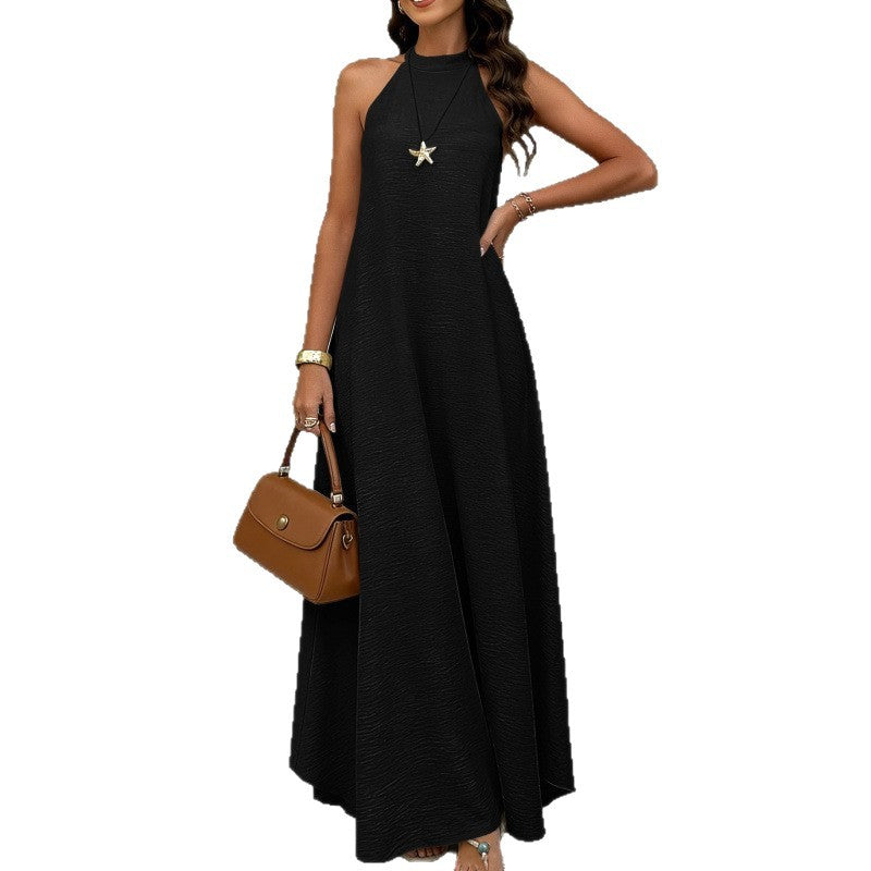 Womens Loose-fitting Plus-size Sleeveless Solid-color Dress