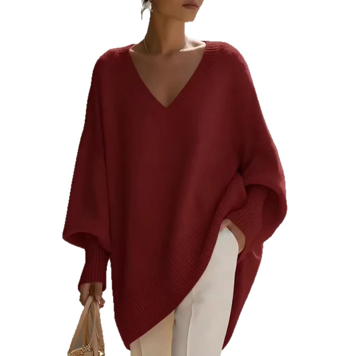 Solid-color Long-sleeve V-neck Laid-back Style Womens Sweater Top