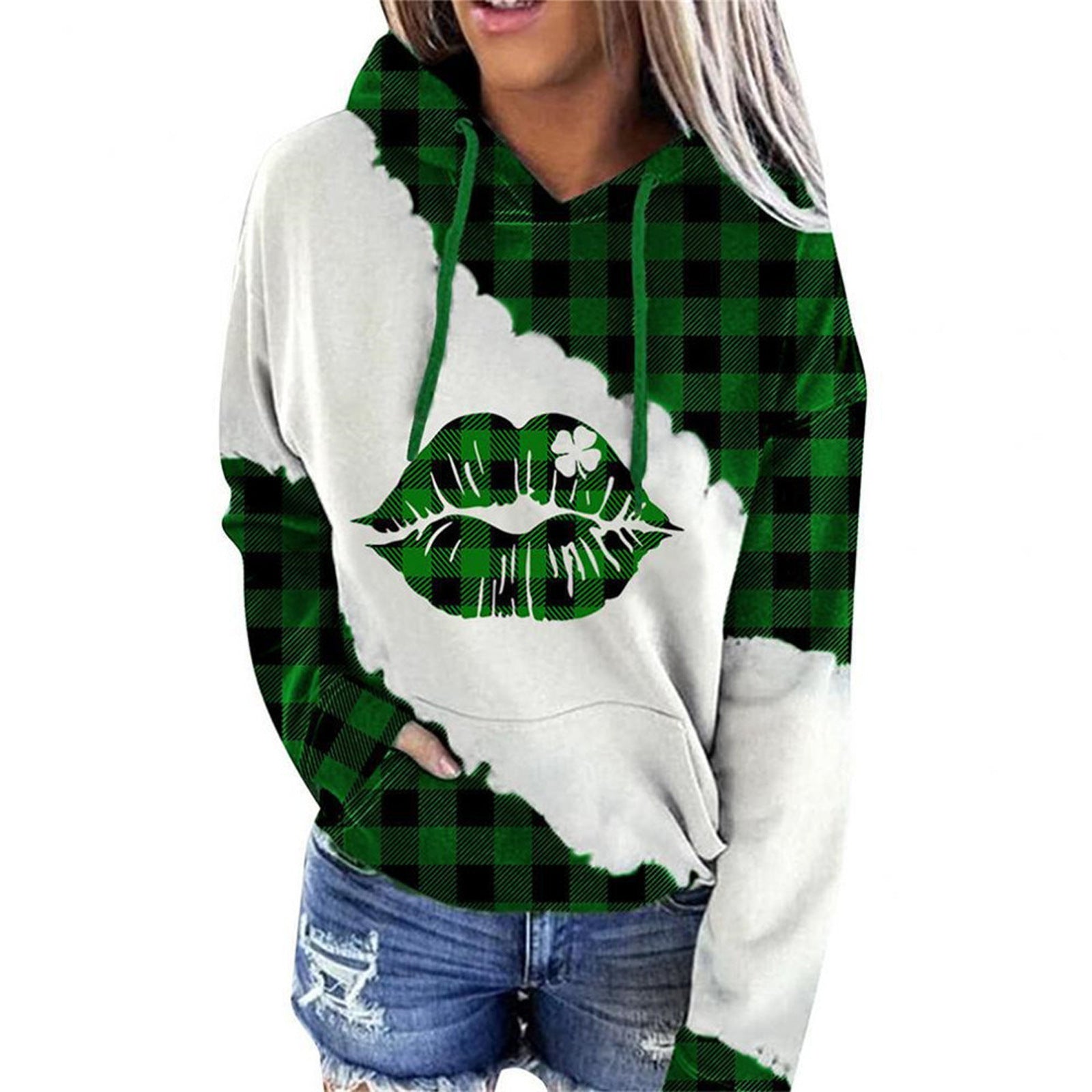 Lucky Clover Print Casual Loose Hooded Sweatshirt