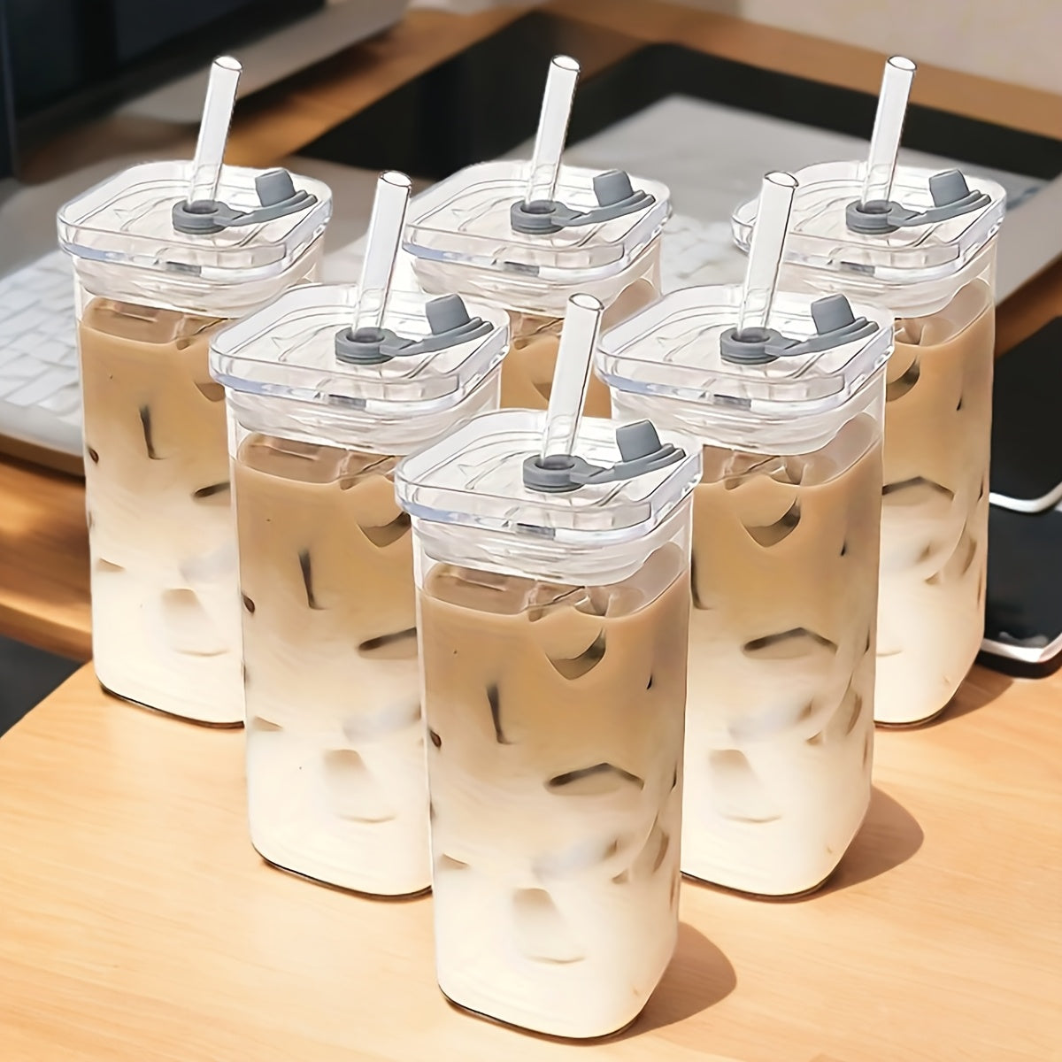 8/6/4PCS Square Glass Cups With Lids, 13OZ, Perfect Coffee Cups, Includes Straws, Ideal Gift For Cup Collectors, Perfect For Office, Home, School, And Outdoor Use, Weddings, BPA-free, Comes With A ...