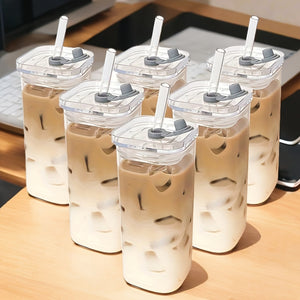 8/6/4PCS Square Glass Cups With Lids, 13OZ, Perfect Coffee Cups, Includes Straws, Ideal Gift For Cup Collectors, Perfect For Office, Home, School, And Outdoor Use, Weddings, BPA-free, Comes With A ...