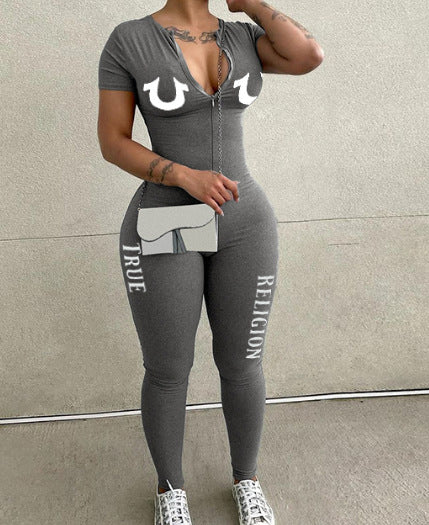 Women's Long-Sleeve Letter Print Skinny Romper