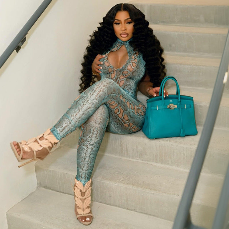 Printed Hollow-Out Zipper Jumpsuit