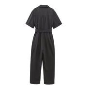 Chic Short-Sleeve Belted Jumpsuit with Zipper & Lapel