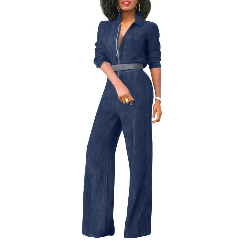 Women's Plus-Size Denim Jumpsuit with Zipper