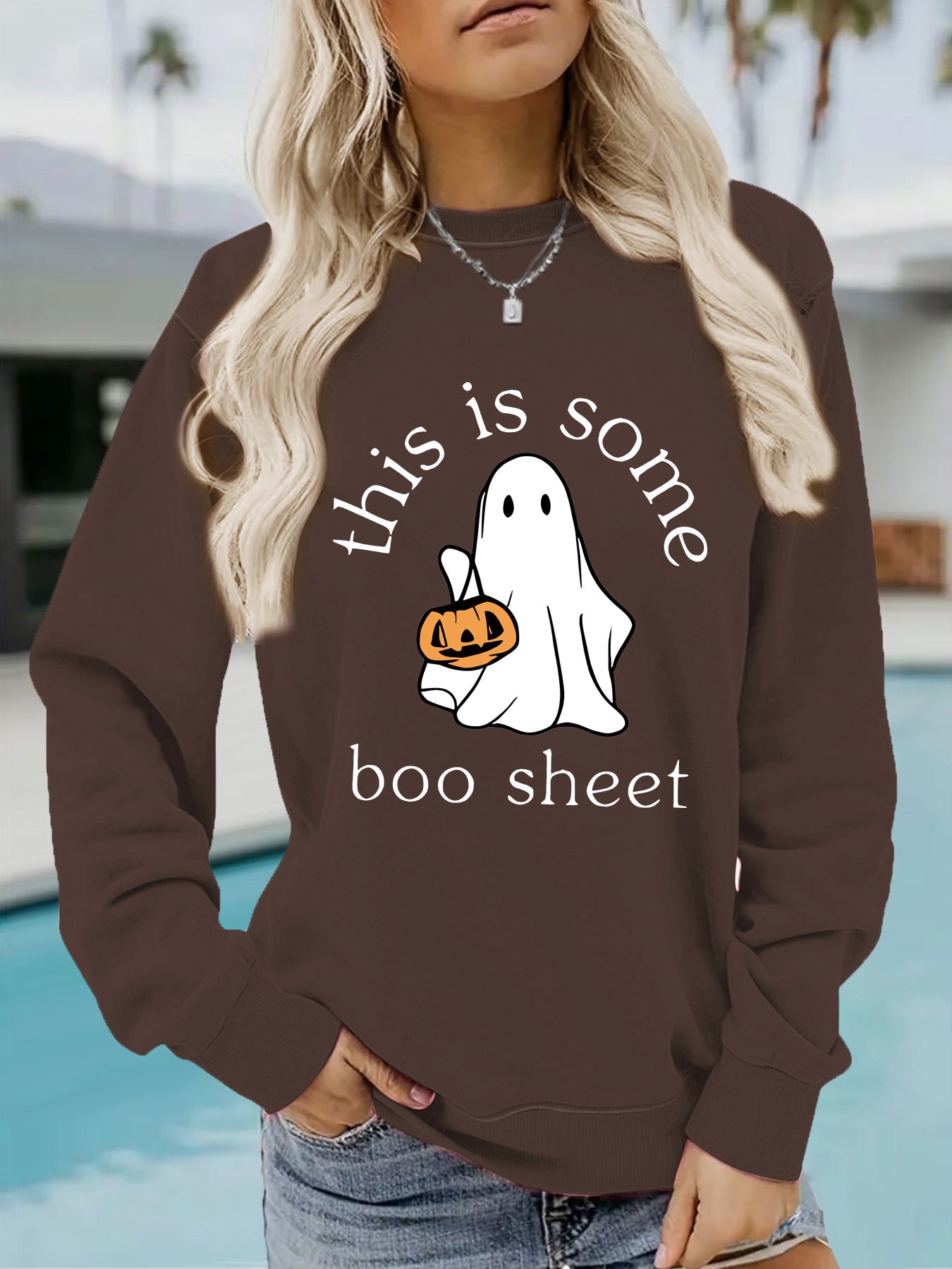Spooky Chic Halloween Print Crewneck Pullover Sweatshirt