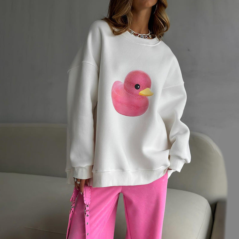 Cozy Duck Print Fleece Hoodie Casual Slim Fit Sweatshirt