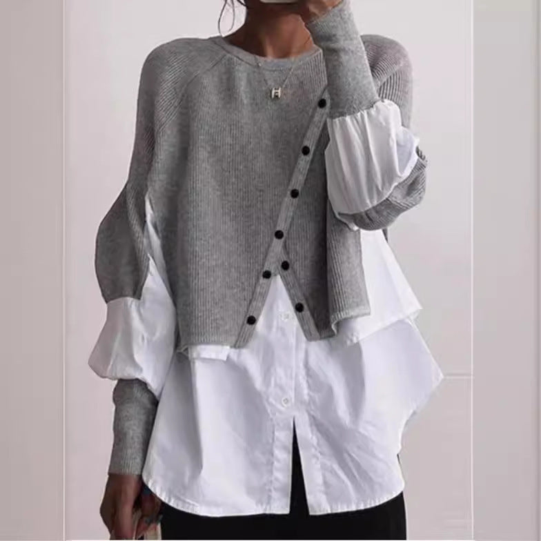 Autumn and Winter Pullover Women's Stitching Shirt Fake Two-piece Fashion