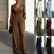 Elegant Long-Sleeve V-Neck Jumpsuit with Fitted Waist