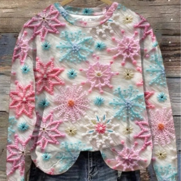 Women's Printed Round Neck Autumn Winter Pullover Sweater Top
