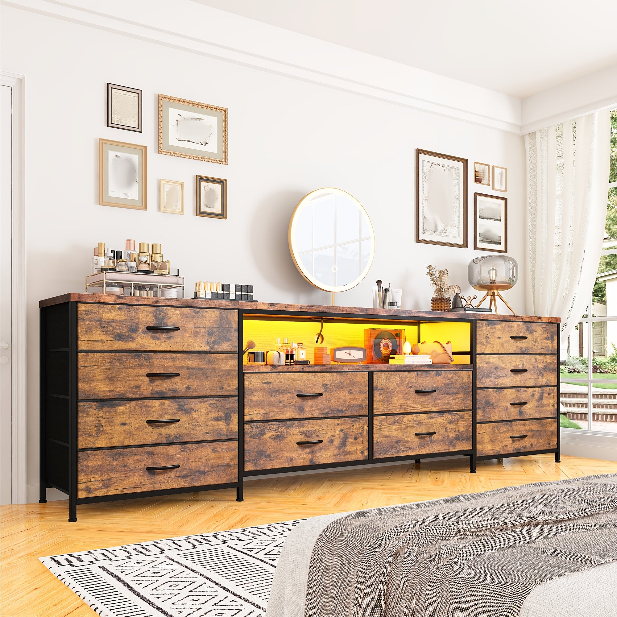 63-Inch Long Dresser with 12 Fabric Drawers, Integrated LED Lights and Power Outlets