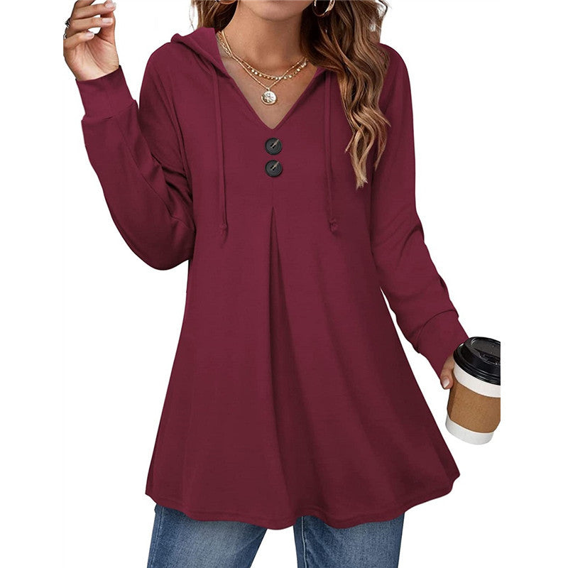 Women's V-Neck Long Sleeve Casual Hooded Pullover Sweater