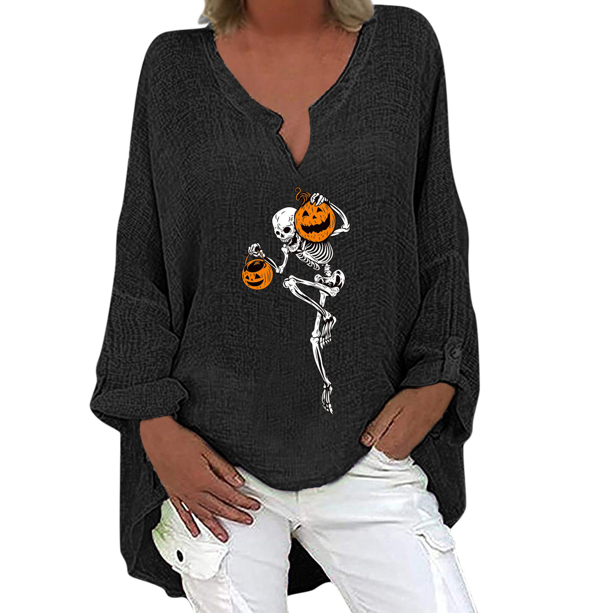 Women's Halloween V-Neck Cotton Linen Long Sleeve Shirt