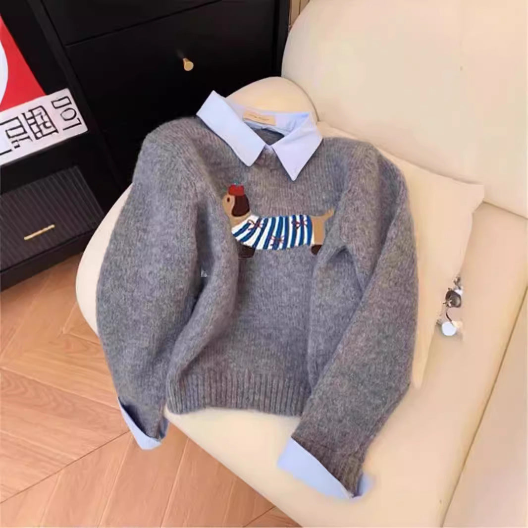 Puppy Cartoon Soft Glutinous Gray Fake Two Pieces Shirts Sweater
