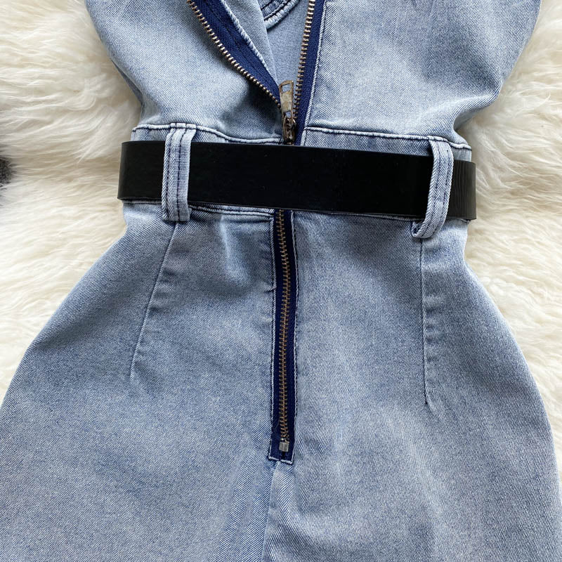Women's High-Waist Denim Romper Casual Wide-Leg Jumpsuit