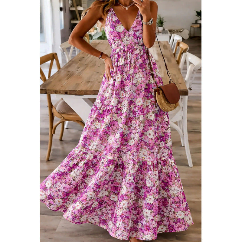 Summer New V-neck Strap Floral Print Long Dress for Women