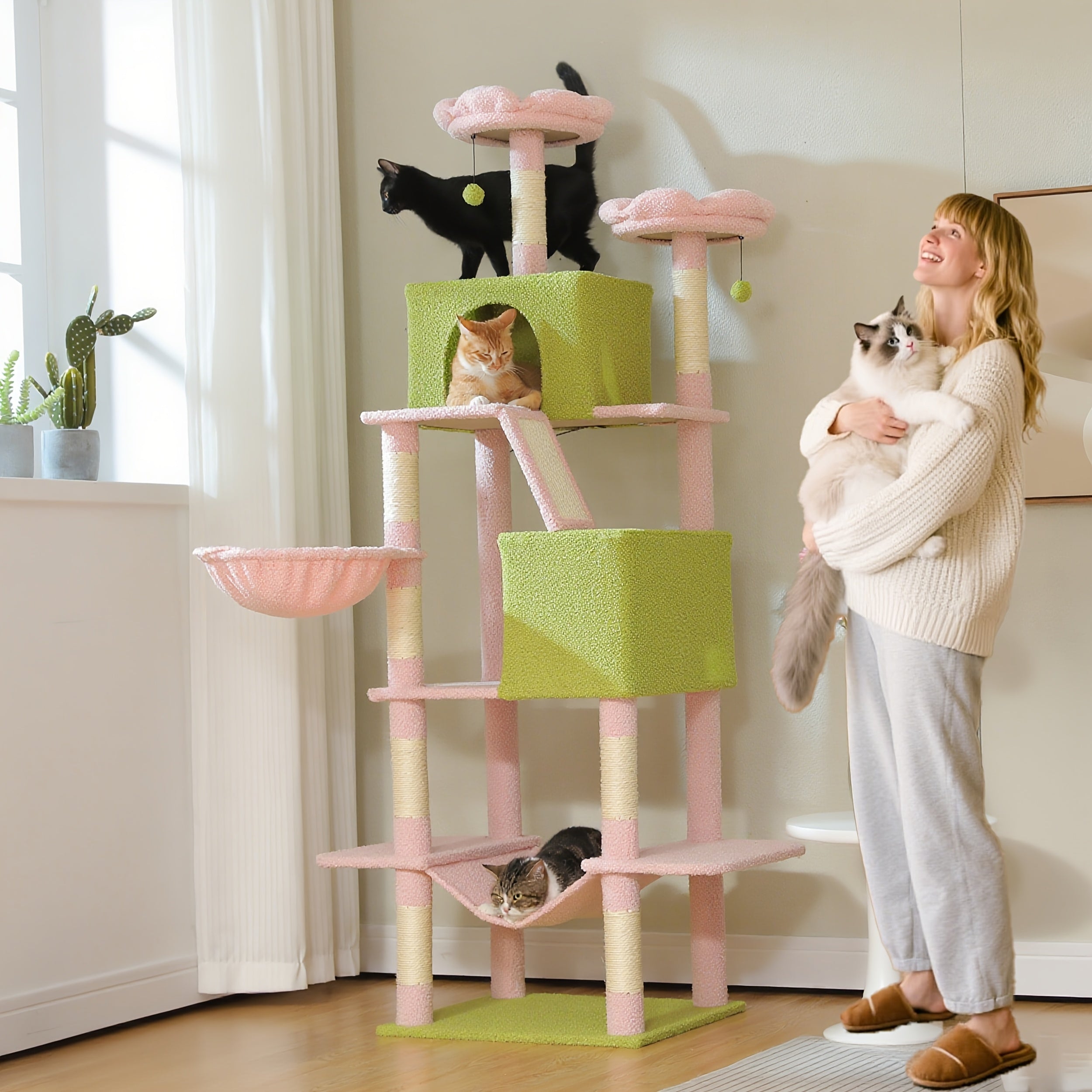 71.5 Extra Tall Cat Tower With Anti-tipping Kit - Heavy-duty Multi-level Cat Tree With Scratching Posts, Scratching Pad, Hammock, Condo, Pom-pom - Space-saving Vertical