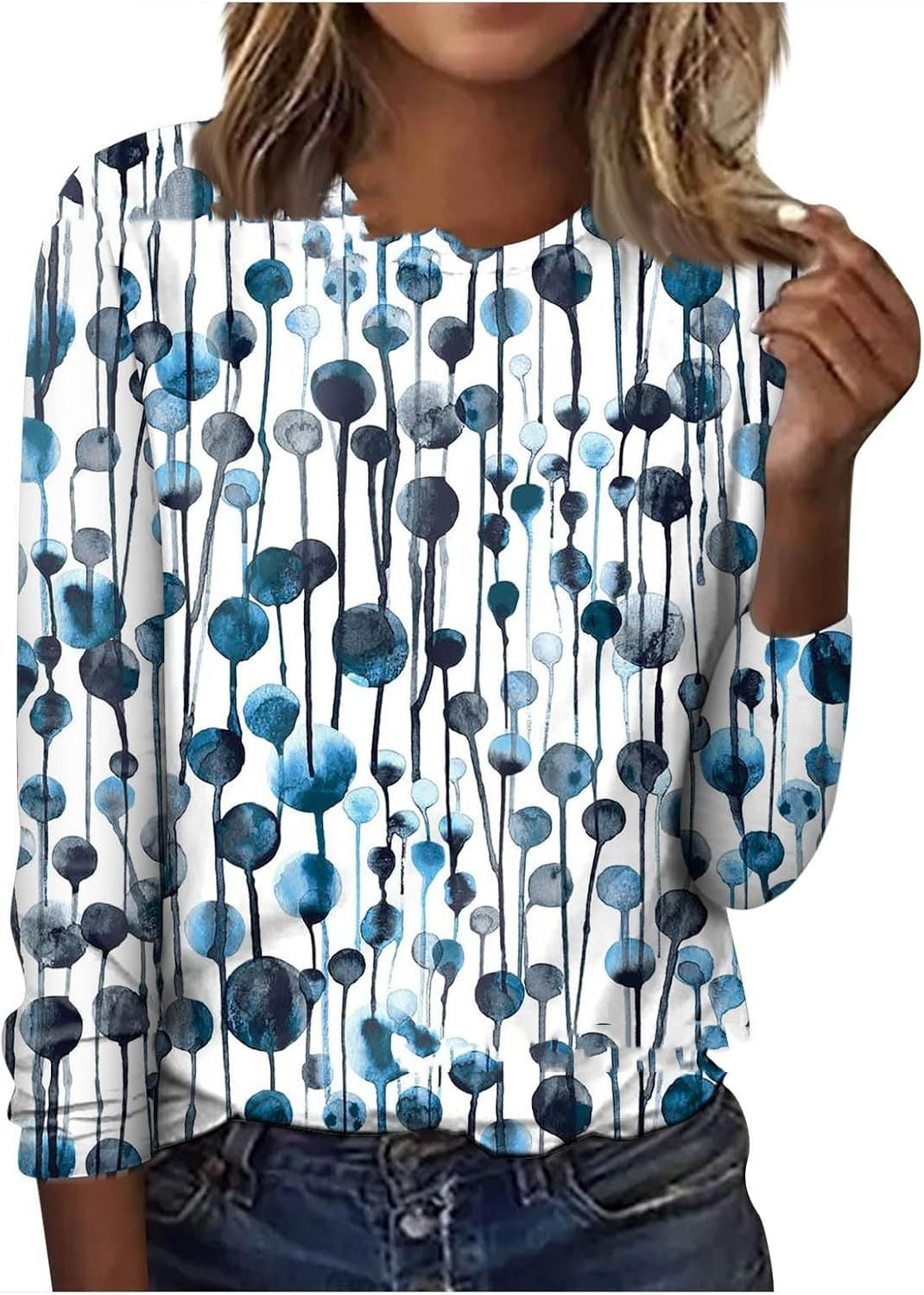 Floral Geometric Print Long Sleeve Round Neck Pullover