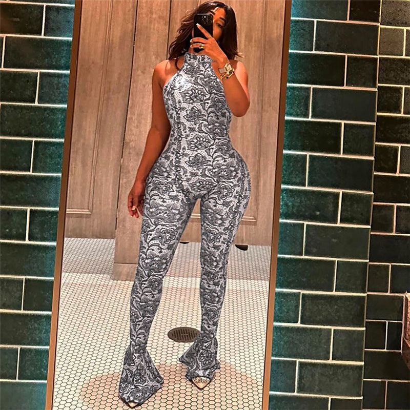 Women's Backless Halter Printed Slim Sheath Jumpsuit